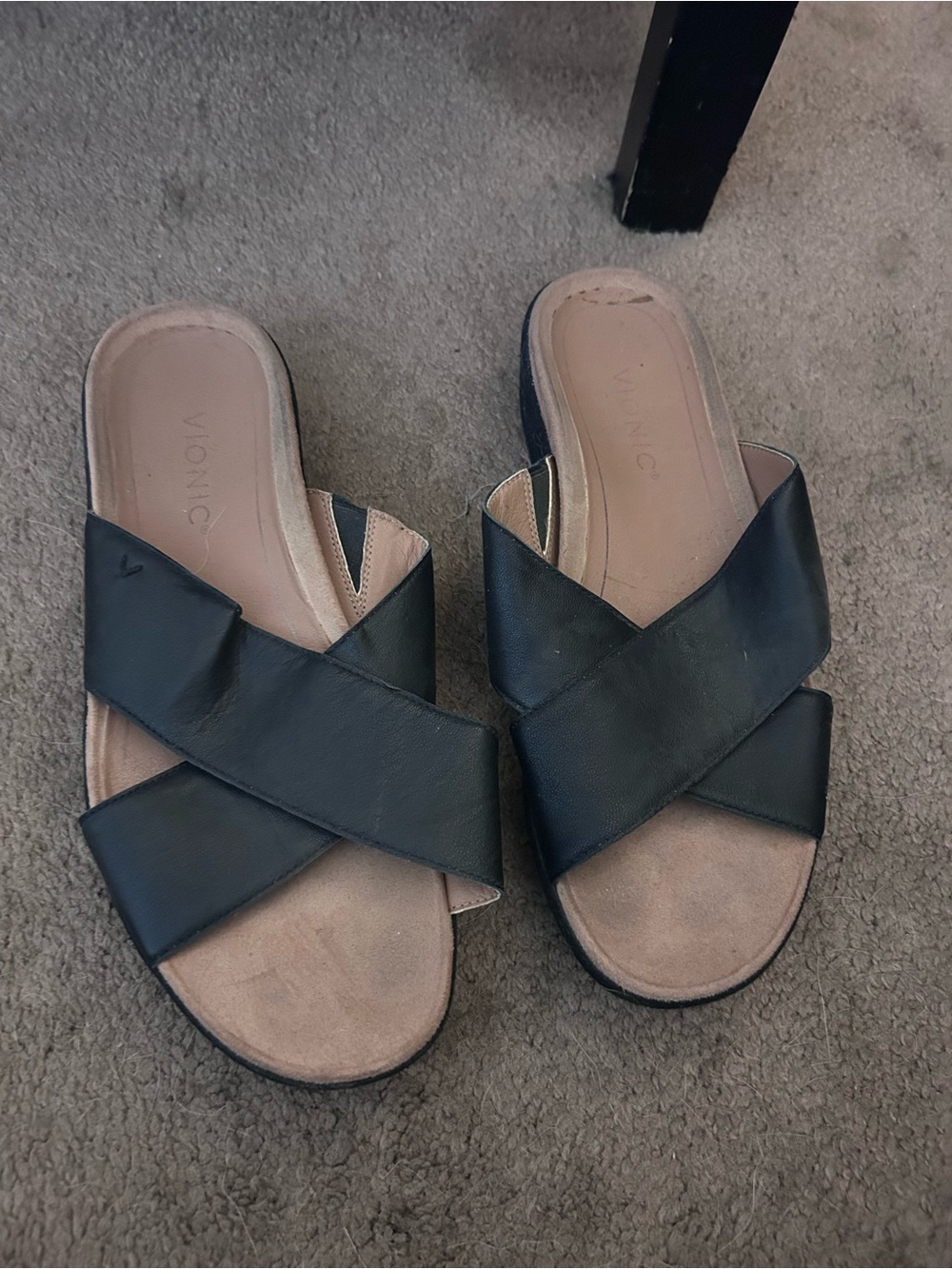 Vionic Black Crisscross Leather Slip-On Sandals